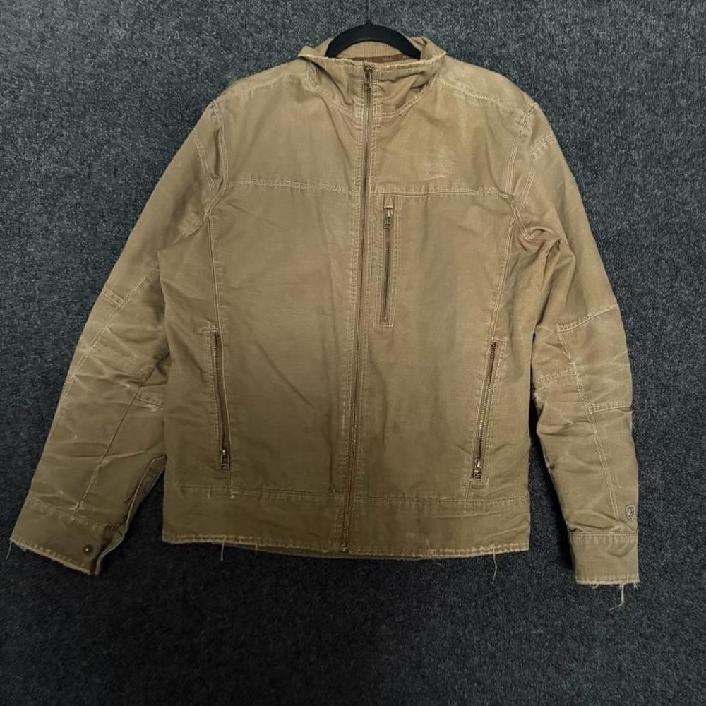 KUHL Burr Jacket Mens XL Vintage Patina Dye Canvas Zip Khaki Tan Beige Workwear